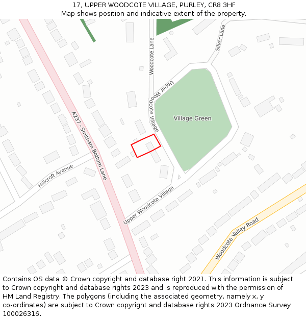 17, UPPER WOODCOTE VILLAGE, PURLEY, CR8 3HF: Location map and indicative extent of plot