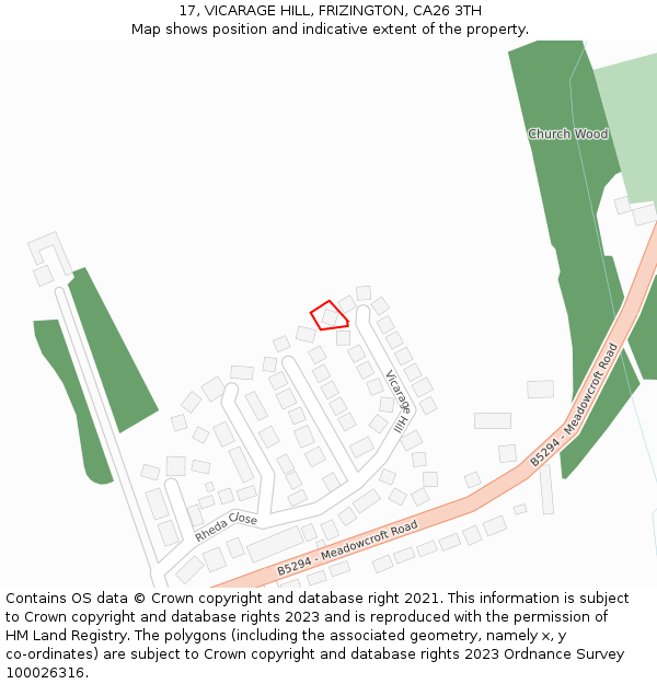 17, VICARAGE HILL, FRIZINGTON, CA26 3TH: Location map and indicative extent of plot