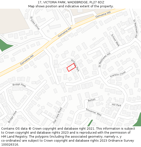 17, VICTORIA PARK, WADEBRIDGE, PL27 6DZ: Location map and indicative extent of plot