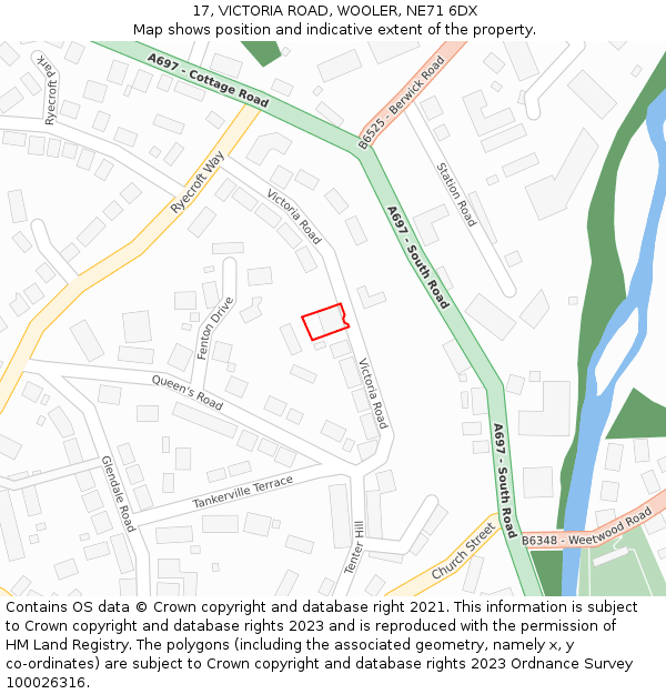 17, VICTORIA ROAD, WOOLER, NE71 6DX: Location map and indicative extent of plot