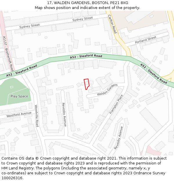 17, WALDEN GARDENS, BOSTON, PE21 8XG: Location map and indicative extent of plot