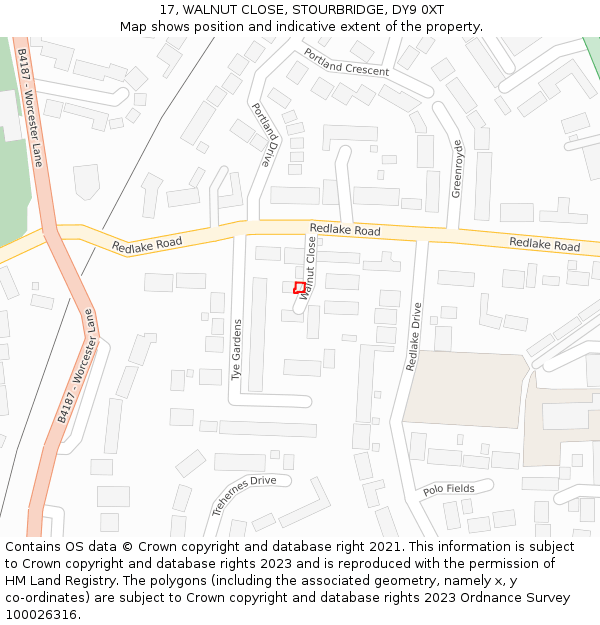 17, WALNUT CLOSE, STOURBRIDGE, DY9 0XT: Location map and indicative extent of plot