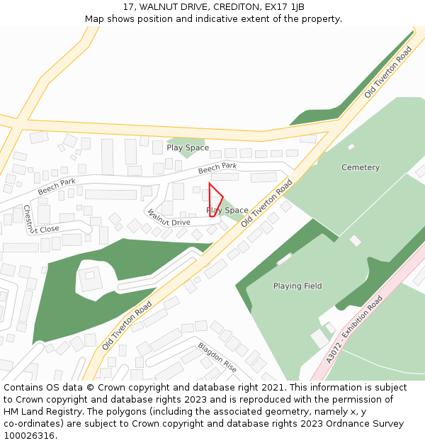 17, WALNUT DRIVE, CREDITON, EX17 1JB: Location map and indicative extent of plot