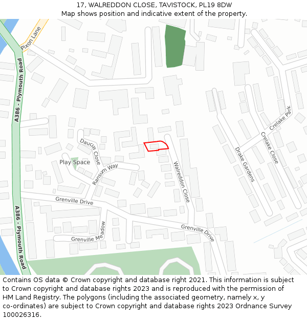 17, WALREDDON CLOSE, TAVISTOCK, PL19 8DW: Location map and indicative extent of plot