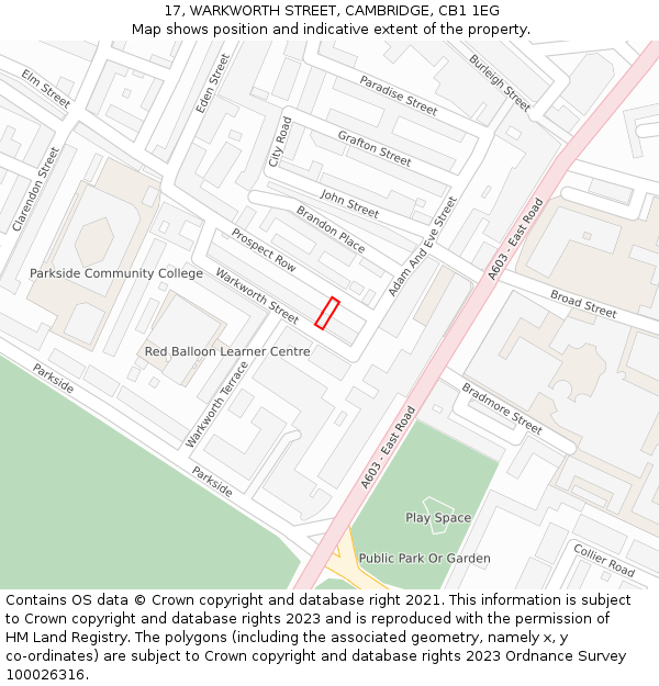 17, WARKWORTH STREET, CAMBRIDGE, CB1 1EG: Location map and indicative extent of plot
