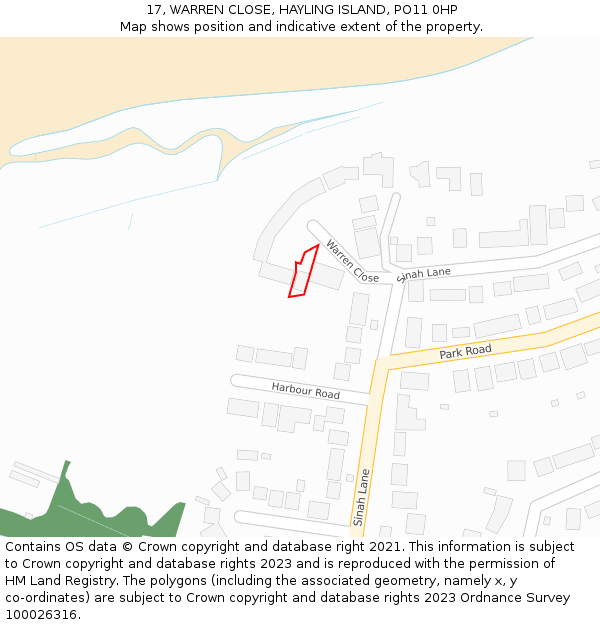 17, WARREN CLOSE, HAYLING ISLAND, PO11 0HP: Location map and indicative extent of plot