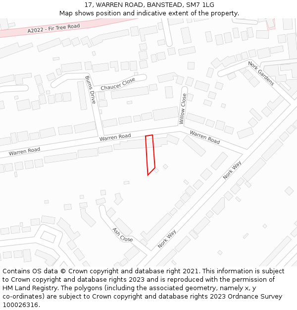 17, WARREN ROAD, BANSTEAD, SM7 1LG: Location map and indicative extent of plot