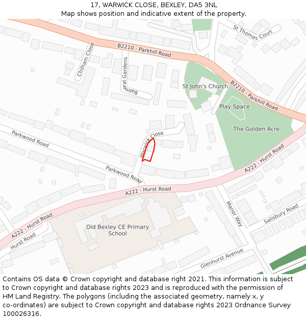 17, WARWICK CLOSE, BEXLEY, DA5 3NL: Location map and indicative extent of plot