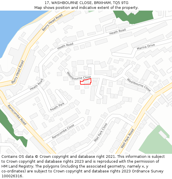17, WASHBOURNE CLOSE, BRIXHAM, TQ5 9TG: Location map and indicative extent of plot