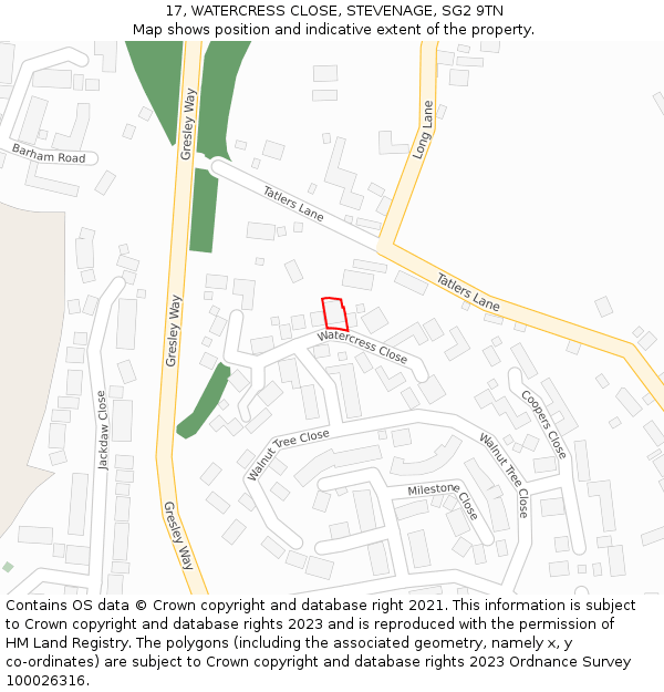 17, WATERCRESS CLOSE, STEVENAGE, SG2 9TN: Location map and indicative extent of plot