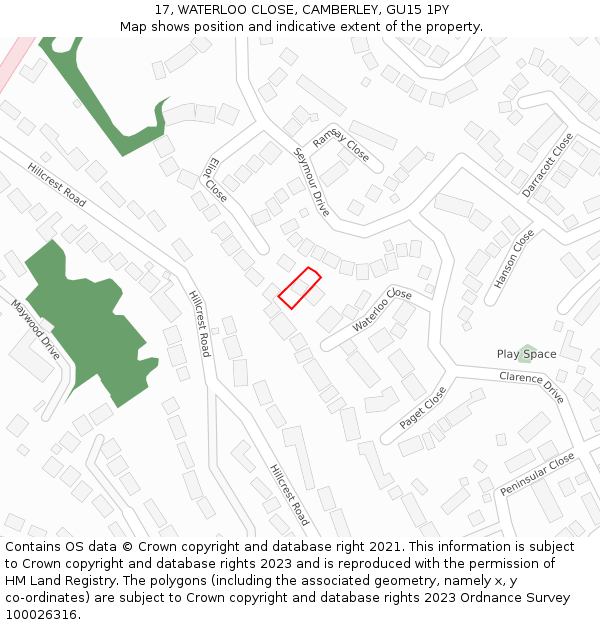 17, WATERLOO CLOSE, CAMBERLEY, GU15 1PY: Location map and indicative extent of plot