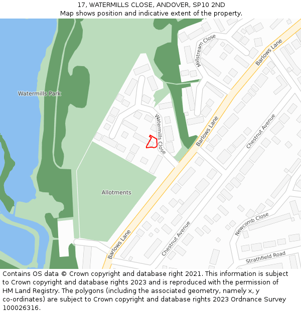 17, WATERMILLS CLOSE, ANDOVER, SP10 2ND: Location map and indicative extent of plot