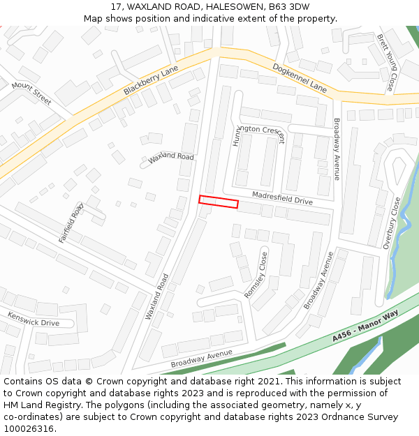 17, WAXLAND ROAD, HALESOWEN, B63 3DW: Location map and indicative extent of plot