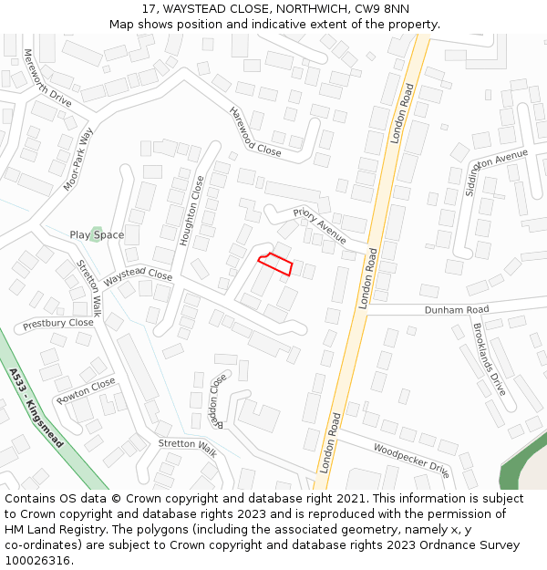 17, WAYSTEAD CLOSE, NORTHWICH, CW9 8NN: Location map and indicative extent of plot