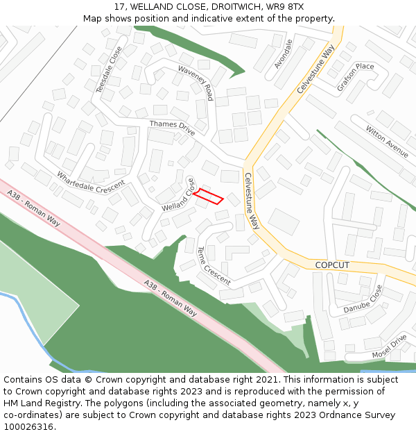 17, WELLAND CLOSE, DROITWICH, WR9 8TX: Location map and indicative extent of plot