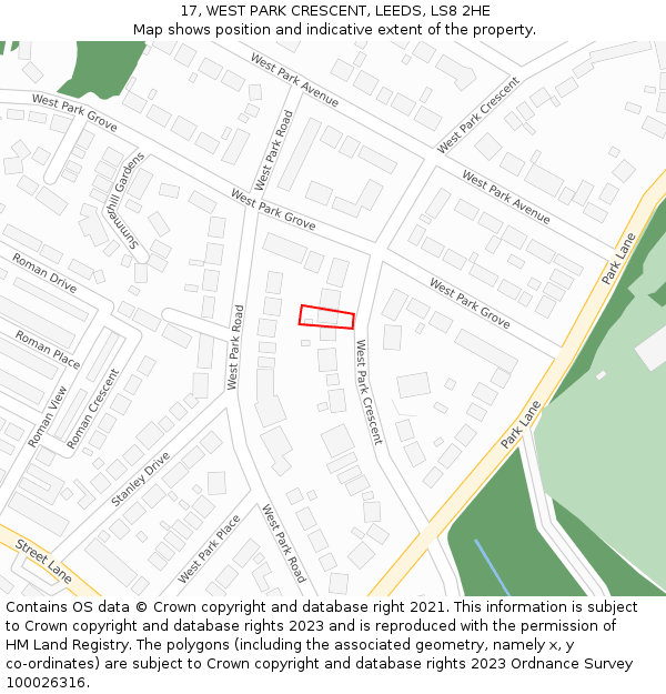 17, WEST PARK CRESCENT, LEEDS, LS8 2HE: Location map and indicative extent of plot