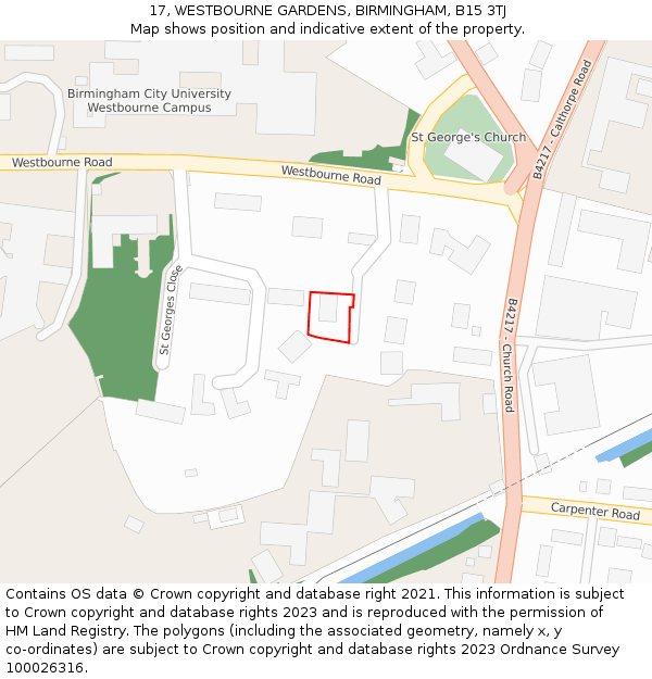 17, WESTBOURNE GARDENS, BIRMINGHAM, B15 3TJ: Location map and indicative extent of plot