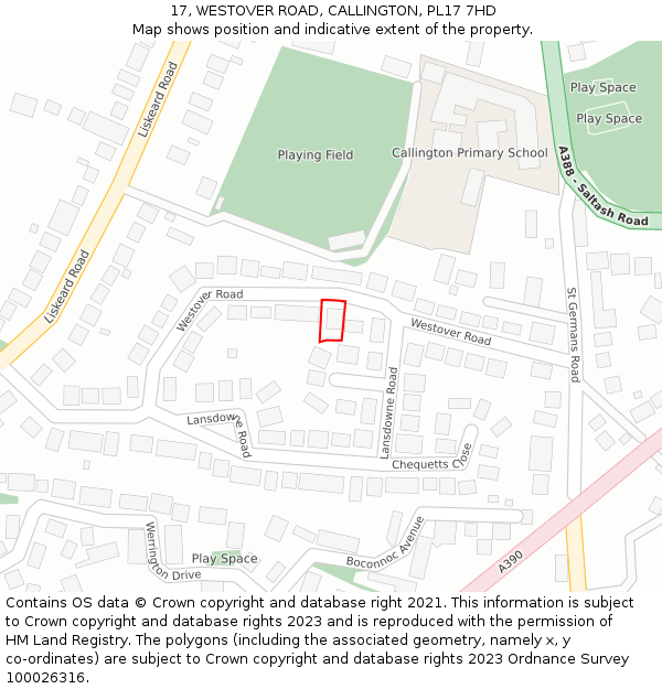 17, WESTOVER ROAD, CALLINGTON, PL17 7HD: Location map and indicative extent of plot