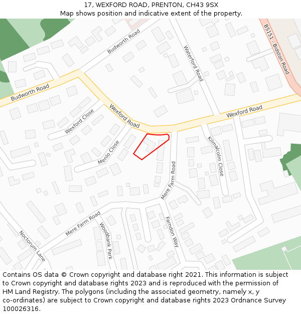 17, WEXFORD ROAD, PRENTON, CH43 9SX: Location map and indicative extent of plot