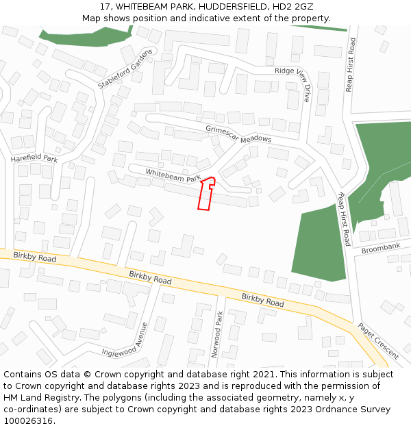 17, WHITEBEAM PARK, HUDDERSFIELD, HD2 2GZ: Location map and indicative extent of plot