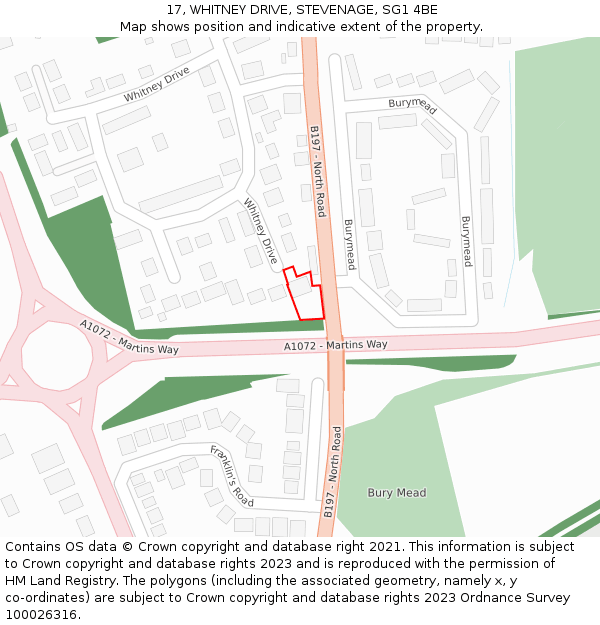 17, WHITNEY DRIVE, STEVENAGE, SG1 4BE: Location map and indicative extent of plot