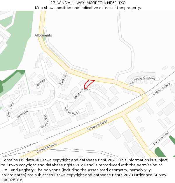 17, WINDMILL WAY, MORPETH, NE61 1XQ: Location map and indicative extent of plot