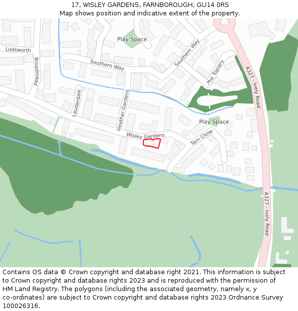 17, WISLEY GARDENS, FARNBOROUGH, GU14 0RS: Location map and indicative extent of plot