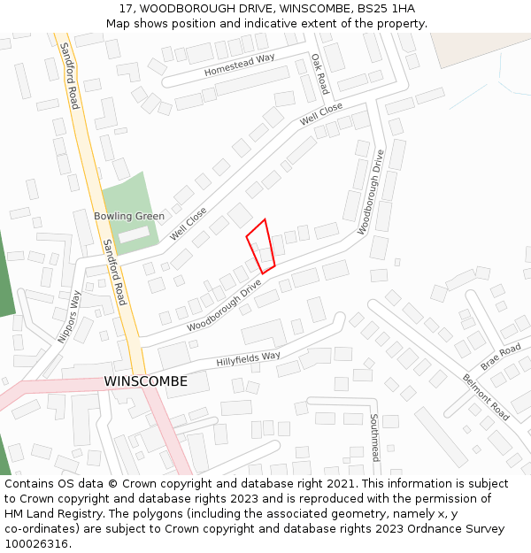 17, WOODBOROUGH DRIVE, WINSCOMBE, BS25 1HA: Location map and indicative extent of plot