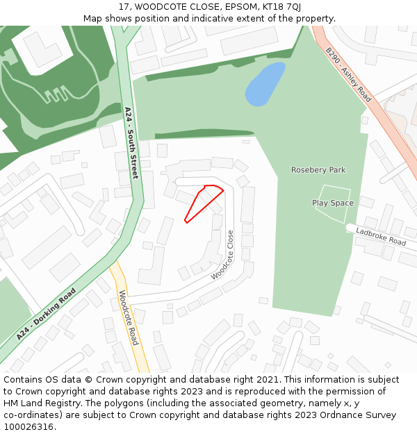 17, WOODCOTE CLOSE, EPSOM, KT18 7QJ: Location map and indicative extent of plot