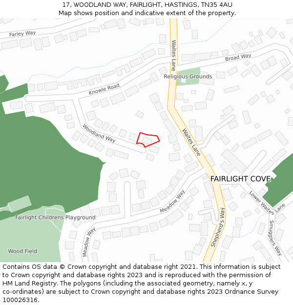 17, WOODLAND WAY, FAIRLIGHT, HASTINGS, TN35 4AU: Location map and indicative extent of plot