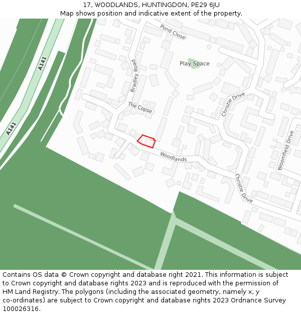 17, WOODLANDS, HUNTINGDON, PE29 6JU: Location map and indicative extent of plot