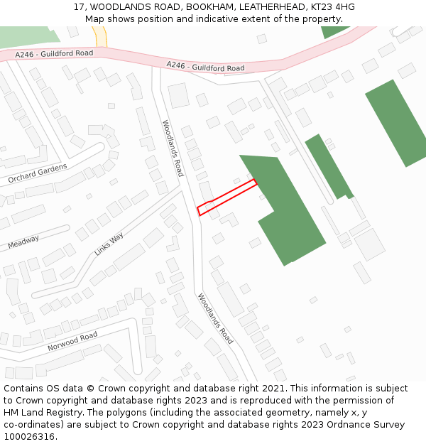 17, WOODLANDS ROAD, BOOKHAM, LEATHERHEAD, KT23 4HG: Location map and indicative extent of plot