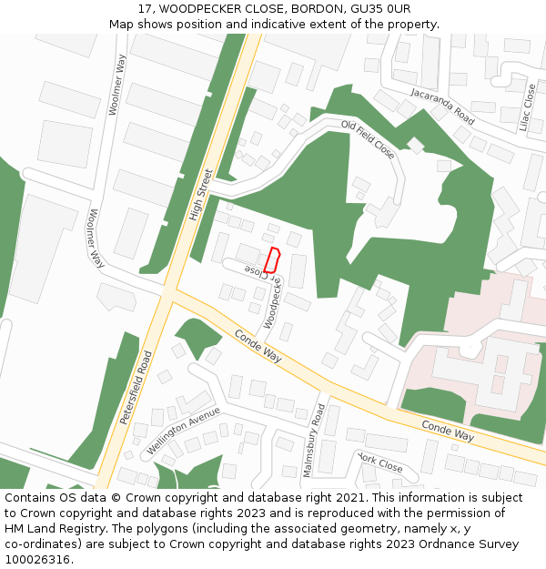 17, WOODPECKER CLOSE, BORDON, GU35 0UR: Location map and indicative extent of plot