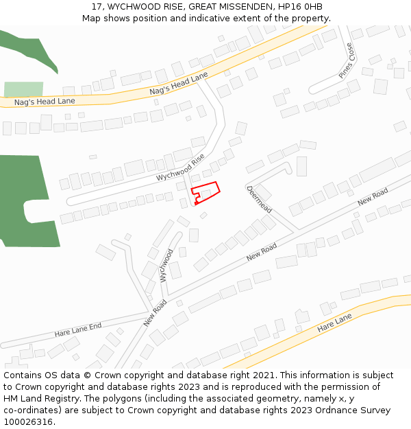 17, WYCHWOOD RISE, GREAT MISSENDEN, HP16 0HB: Location map and indicative extent of plot