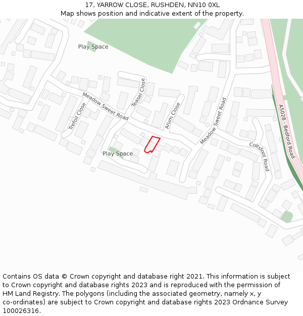 17, YARROW CLOSE, RUSHDEN, NN10 0XL: Location map and indicative extent of plot