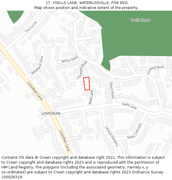 17, YOELLS LANE, WATERLOOVILLE, PO8 9SG: Location map and indicative extent of plot