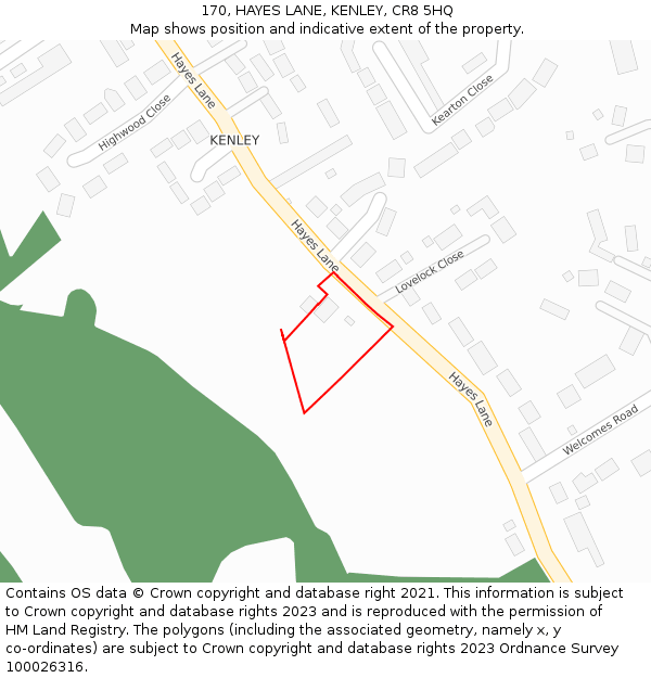 170, HAYES LANE, KENLEY, CR8 5HQ: Location map and indicative extent of plot
