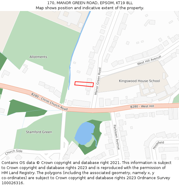 170, MANOR GREEN ROAD, EPSOM, KT19 8LL: Location map and indicative extent of plot