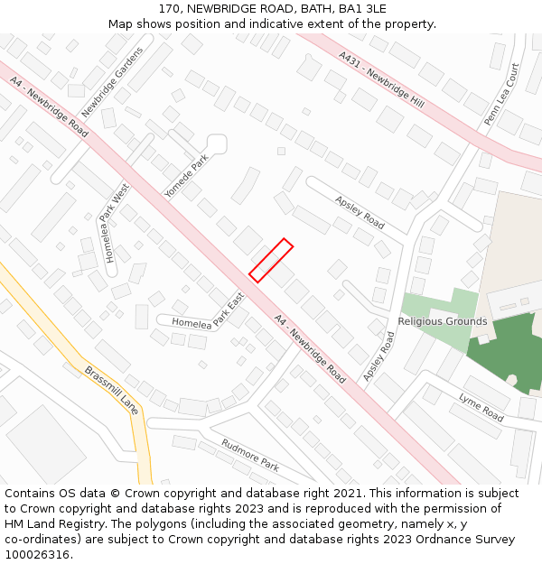 170, NEWBRIDGE ROAD, BATH, BA1 3LE: Location map and indicative extent of plot