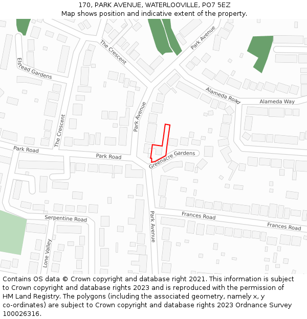 170, PARK AVENUE, WATERLOOVILLE, PO7 5EZ: Location map and indicative extent of plot