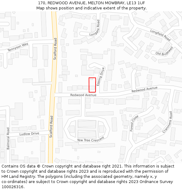 170, REDWOOD AVENUE, MELTON MOWBRAY, LE13 1UF: Location map and indicative extent of plot