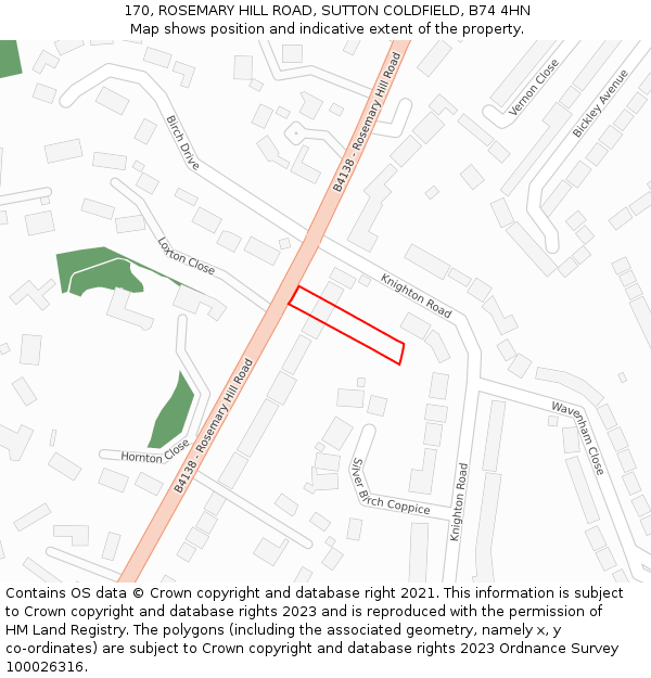 170, ROSEMARY HILL ROAD, SUTTON COLDFIELD, B74 4HN: Location map and indicative extent of plot