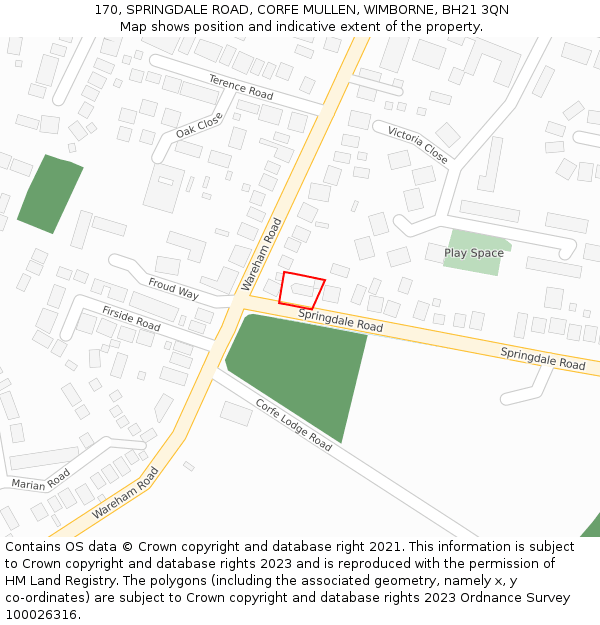 170, SPRINGDALE ROAD, CORFE MULLEN, WIMBORNE, BH21 3QN: Location map and indicative extent of plot