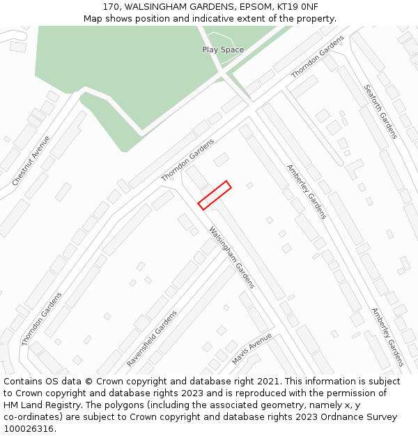 170, WALSINGHAM GARDENS, EPSOM, KT19 0NF: Location map and indicative extent of plot