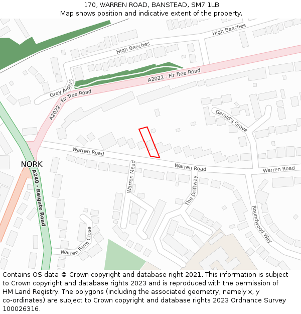 170, WARREN ROAD, BANSTEAD, SM7 1LB: Location map and indicative extent of plot