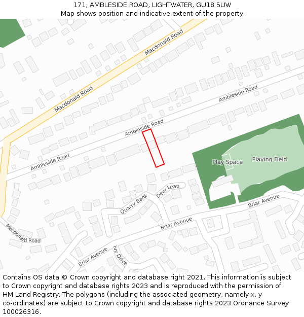 171, AMBLESIDE ROAD, LIGHTWATER, GU18 5UW: Location map and indicative extent of plot