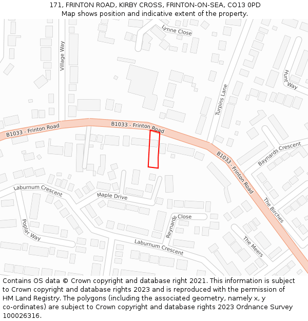 171, FRINTON ROAD, KIRBY CROSS, FRINTON-ON-SEA, CO13 0PD: Location map and indicative extent of plot