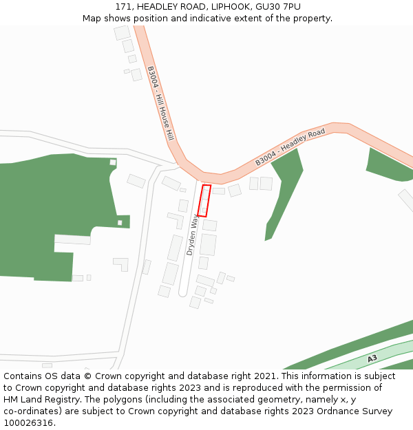 171, HEADLEY ROAD, LIPHOOK, GU30 7PU: Location map and indicative extent of plot
