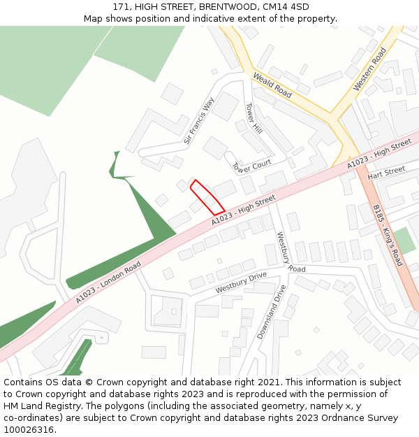 171, HIGH STREET, BRENTWOOD, CM14 4SD: Location map and indicative extent of plot