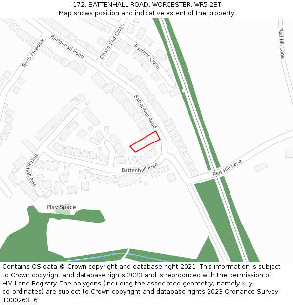 172, BATTENHALL ROAD, WORCESTER, WR5 2BT: Location map and indicative extent of plot